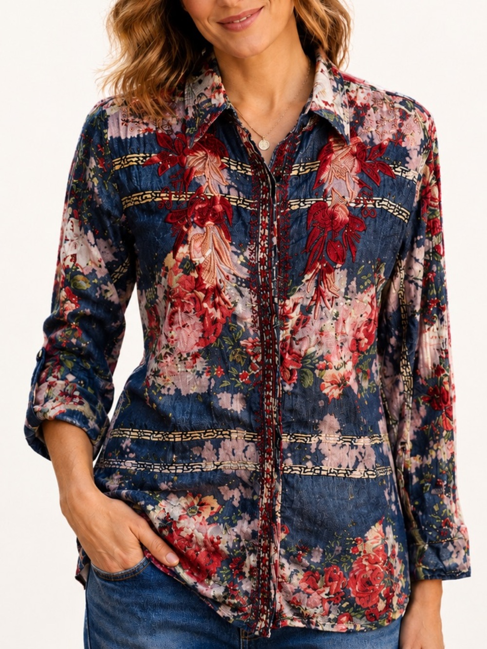 Vintage Goa Floral Embroidered Button Down Shirt Boho Cottagecore M NWT